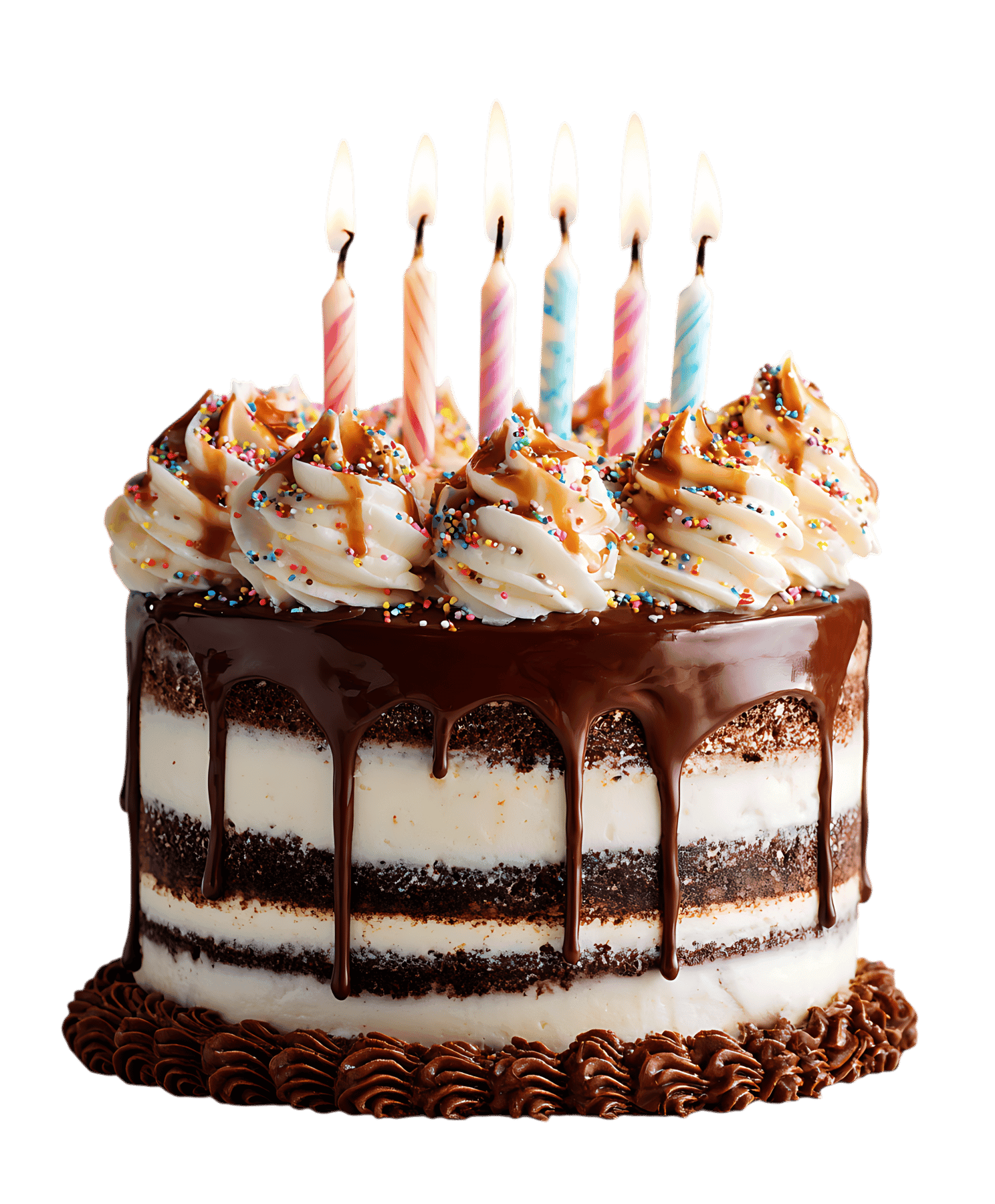 Delicious chocolate cake with lit candles.