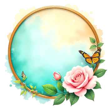 Circular golden frame with pink rose, green leaves, and monarch butterflies on turquoise watercolor background