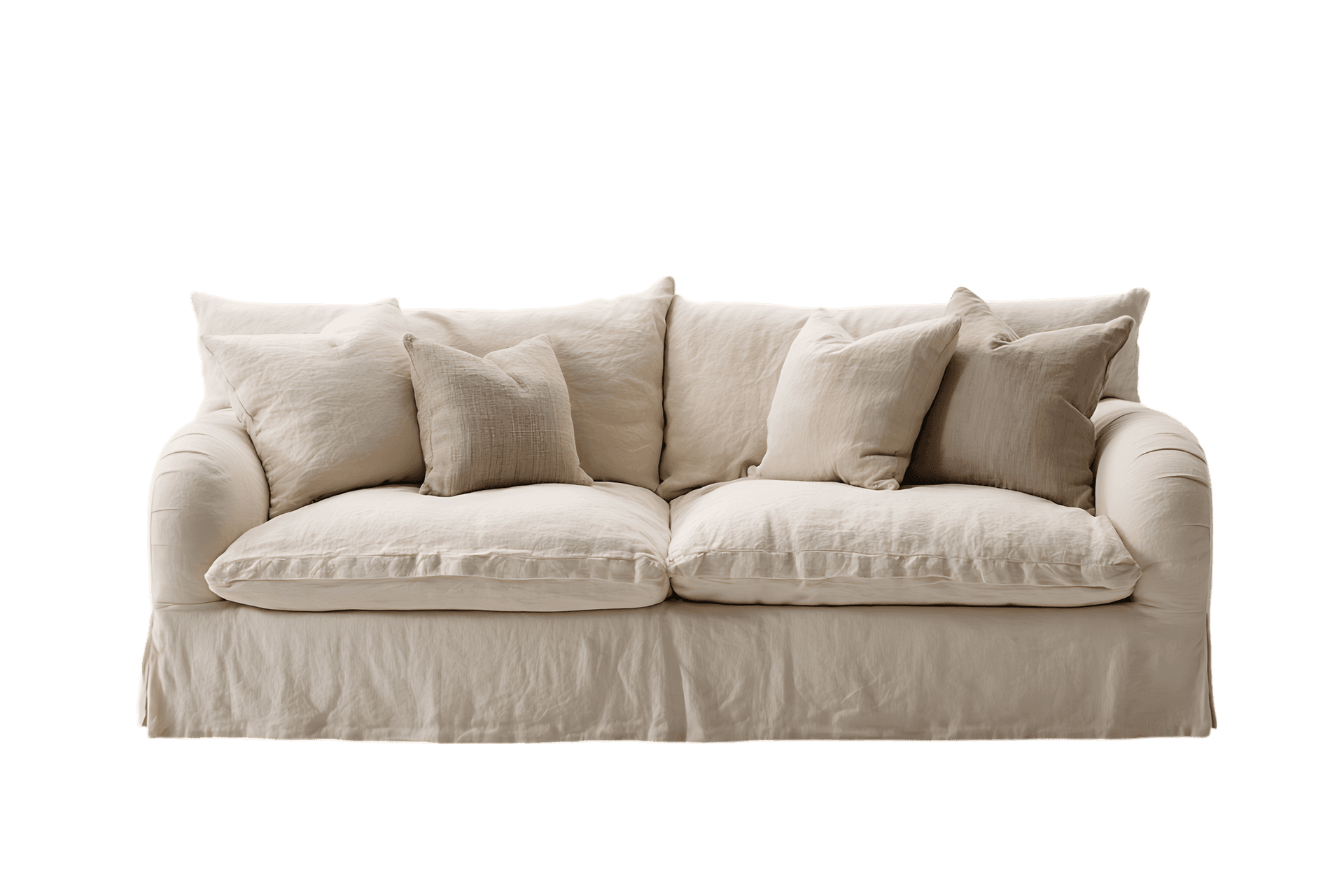 Comfortable beige sofa with soft linen cushions