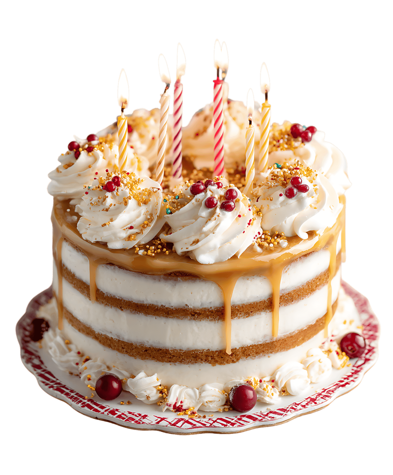 Delicious layered cake with candles.