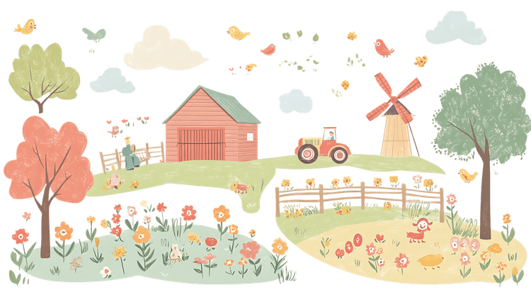 Charming farm scene with animals and windmill.