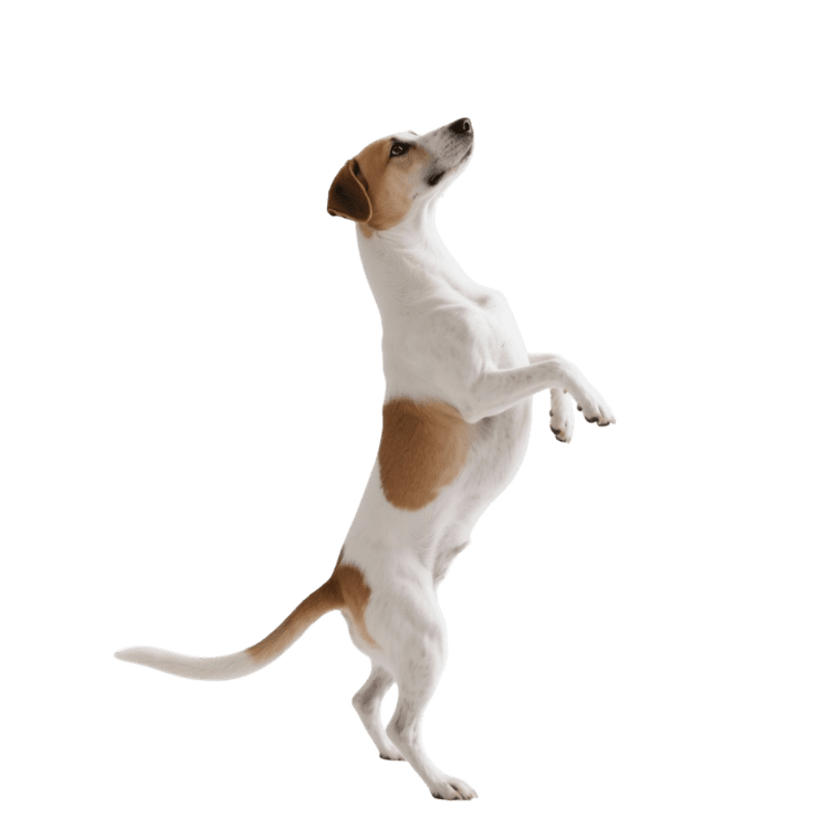Dog standing on hind legs looking up on transparent png