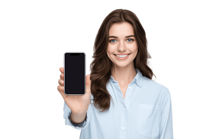 Happy young woman showing blank phone screen. Mockup for app or website.