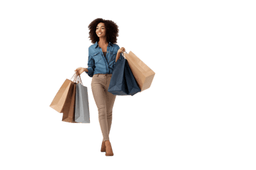 Happy woman carrying shopping bags after a successful shopping spree.