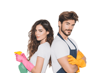 Man and woman cleaning team, ready to work. Professional cleaning service.