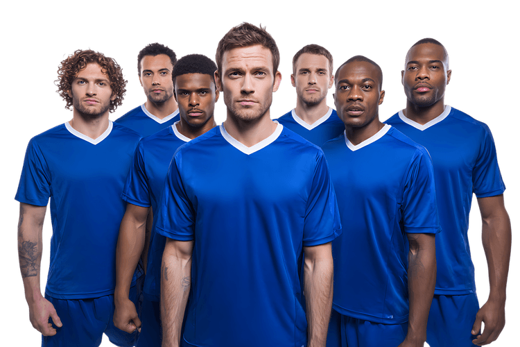 Diverse soccer team in blue, ready for the game. Teamwork, sportsmanship.