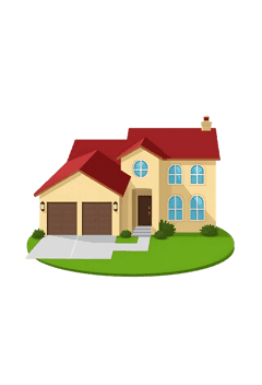 Cartoon house illustration with red roof and green yard