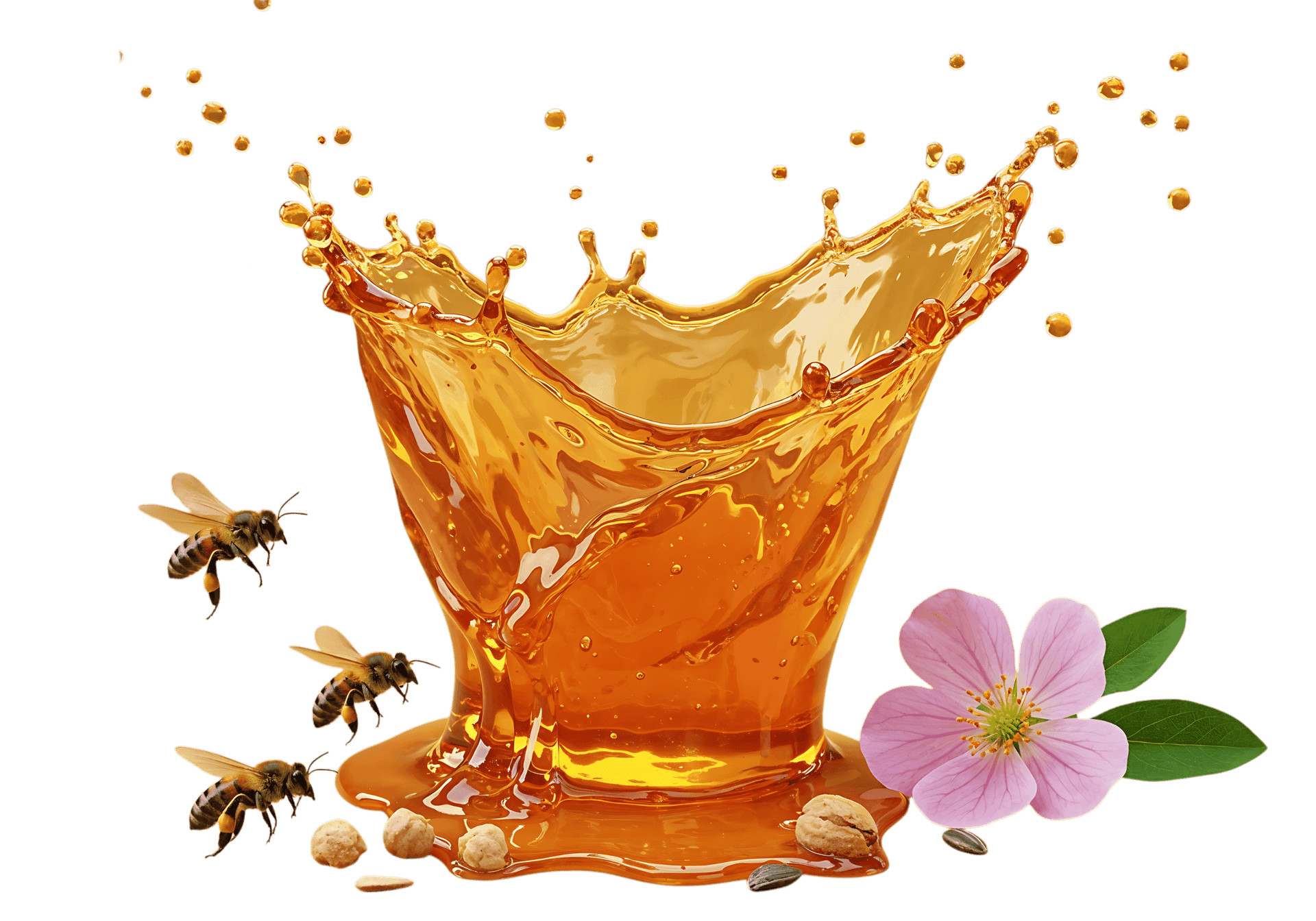 Honey splash with bees and flower