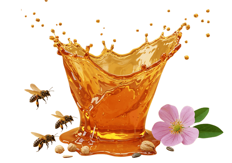 Honey splash with bees and flower