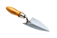 Close up of a gardening trowel with wooden handle.