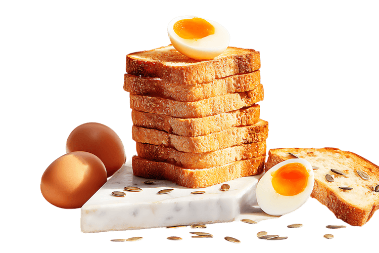 A stack of toasted bread with eggs.