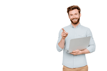 Smiling man holding laptop, pointing finger.