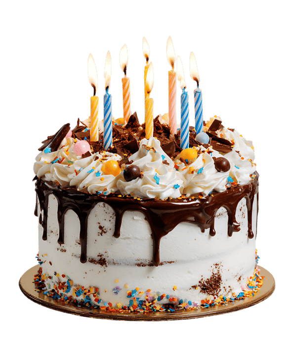 Delicious birthday cake with lit candles