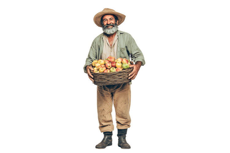 Happy farmer holding a basket of fresh fruits.