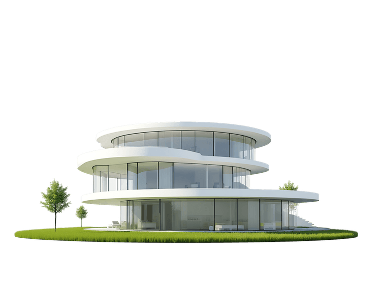 Modern white house with large windows and a grass lawn