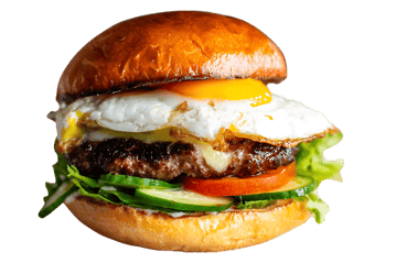 Juicy burger topped with a fried egg585.