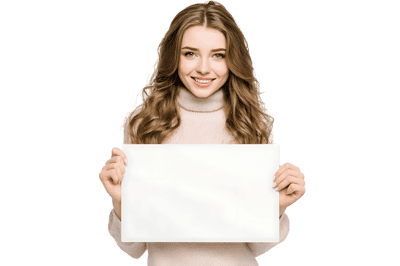 Smiling woman holding a blank sign, great for your text or design.