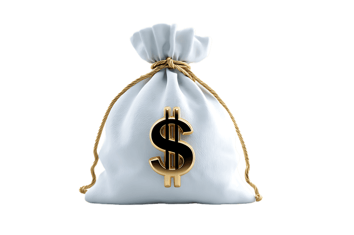 A white money bag with a golden dollar sign.