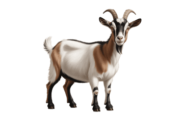 Illustration of a standing goat with horns and a short tail