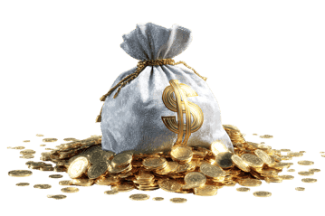 A white money bag overflowing with gold coins, symbolizing wealth and riches.