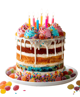 Colorful layered cake with candles