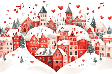 Romantic winter village in heart shape