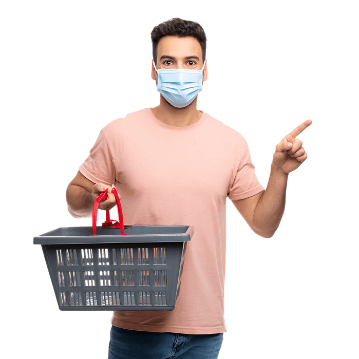 Young man in mask with shopping basket