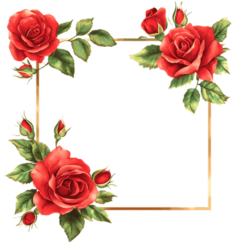 Elegant floral frame with red roses and gold border.