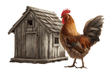 Rooster standing near rustic coop