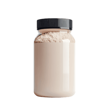 Jar of beige powder, blank label, health supplement