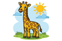 Cartoon giraffe with sun and clouds illustration