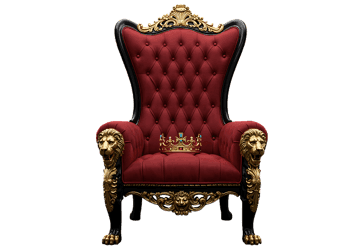 Royal throne with lion head armrests and a crown