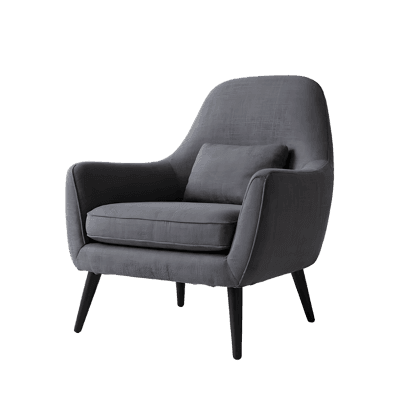 Stylish gray armchair with dark wooden legs. Perfect for living room, bedroom or office.