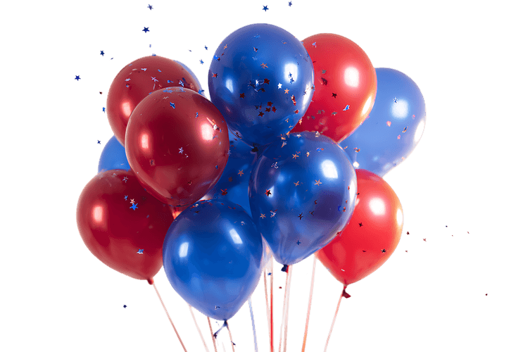 Red and blue balloons with confetti.