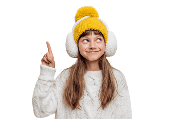 Cute girl in winter clothes pointing upwards, suggesting an idea or looking up.