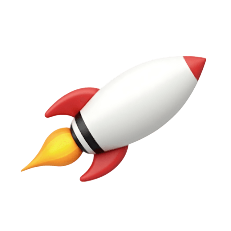 Simple 3D cartoon rocket with red and white body and yellow flame, symbolizing startup or launch