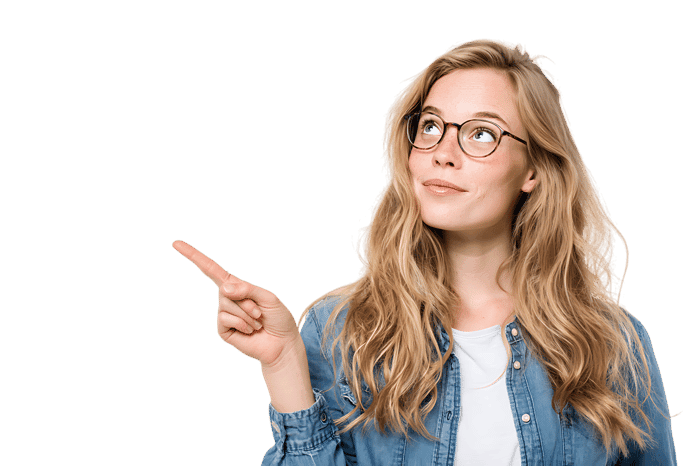 Woman in glasses pointing up, showing, presenting, looking up. Idea, solution.