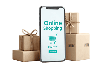 Smartphone displaying online shopping app with gift boxes.