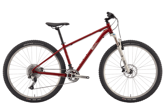 Maroon mountain bike with front suspension for outdoor activity