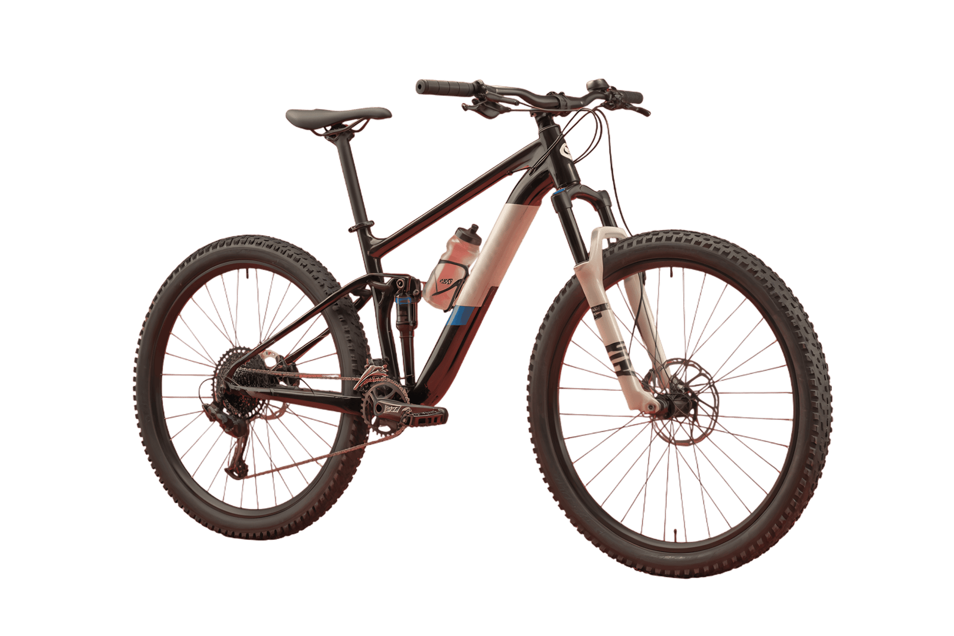 Mountain bike with red spokes and water bottle for sports visuals