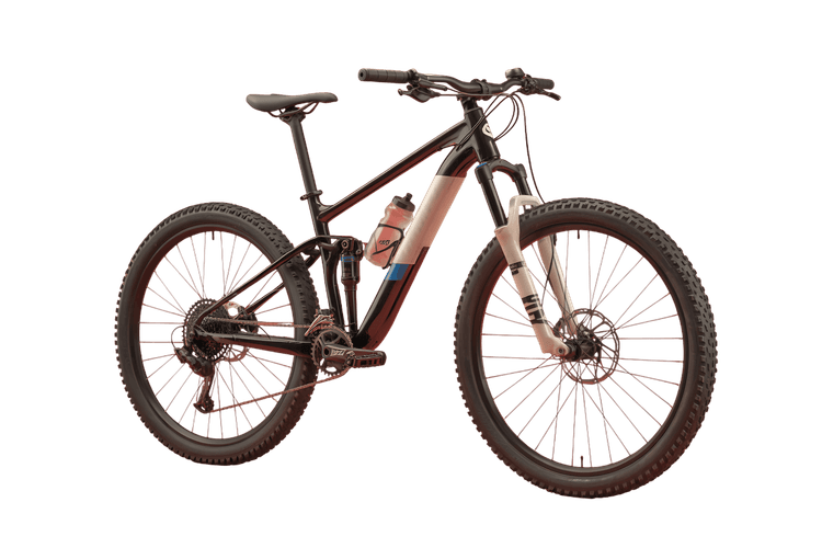Mountain bike with red spokes and water bottle for sports visuals