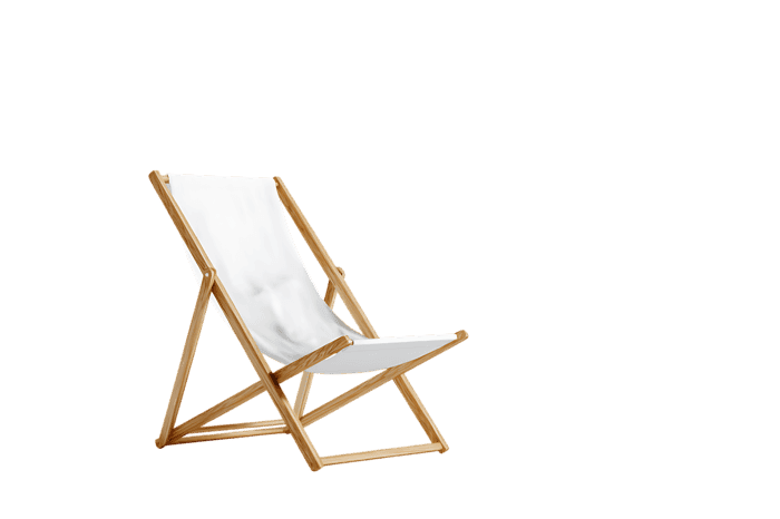 Relaxing wooden deck chair with white canvas