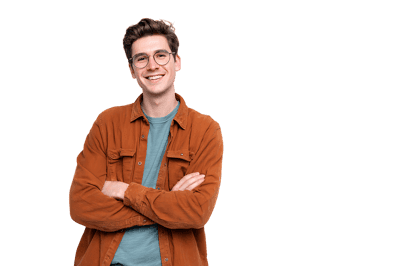 Happy young man smiling with arms crossed, isolated on black background.