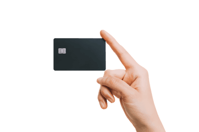 Hand pointing at a black credit card.