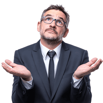 Businessman shrugging with uncertain expression, showing confusion.