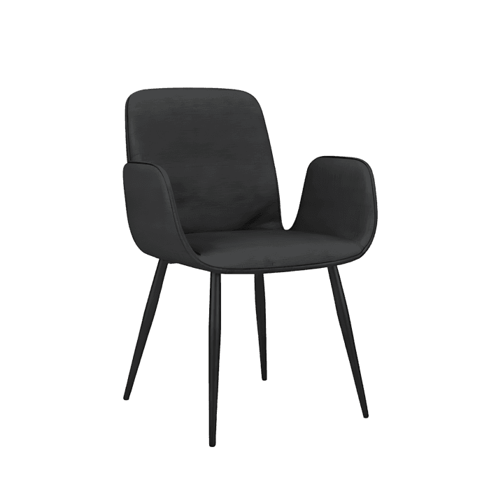 Stylish black armchair with armrests and tapered legs.