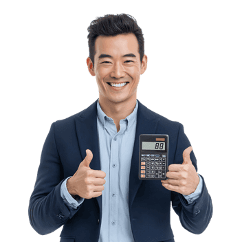 Asian businessman holding calculator, giving thumbs up. Success, finance concept.