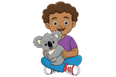 Cartoon boy hugging a koala bear illustration