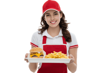 Happy food server presenting cheeseburger and fries. Fast food service concept.