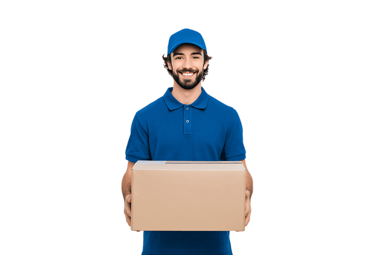 Happy delivery man holding a package.